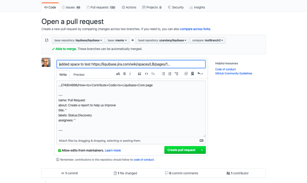 Open a pull request for Liquibase project.